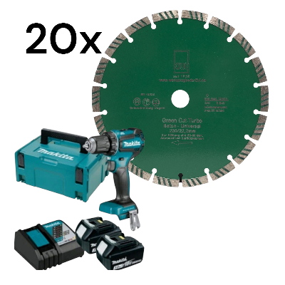 Set 20x Green Cut Turbo Beton Universal 230 mm + Makita DDF485RFJ2 2 x 3,0Ah + Schnellladegerät im K