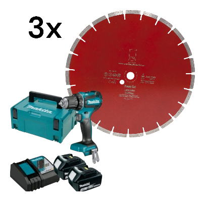 Set 3xPower Cut Beton Laser 350/20 mm+ Makita DDF485RFJ2 2 x 3,0Ah + Schnellladegerät im Koffer - Ak