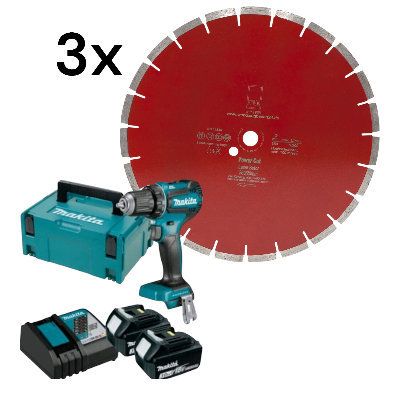 Set 3xPower Cut Beton Laser 350/22 mm+ Makita DDF485RFJ2 2 x 3,0Ah + Schnellladegerät im Koffer - Ak