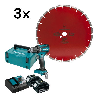 Set 3xPower Cut Beton Laser 350/25 mm+ Makita DDF485RFJ2 2 x 3,0Ah + Schnellladegerät im Koffer - Ak