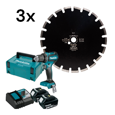 Set 3xBlack Cut Beton Laser 350/25 mm+ Makita DDF485RFJ2 2 x 3,0Ah + Schnellladegerät im Koffer - Ak