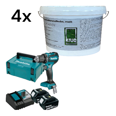 Set 4 x Krug Antischimmelfarbe Matt 2,5 Liter+ Makita DDF485RFJ2 2 x 3,0Ah + Schnellladegerät im Kof