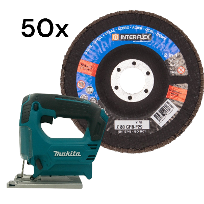 50 Stück Fächerschleifscheibe 125 x 22, K80 schräg Zirkonkorund+ Makita Akku Pendelhubstichsäge JV10