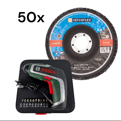 Set:1 x BOSCH IXO 7 Mini-Akkuschrauber + 50 Stück Fächerschleifscheiben 125 x 22 K 40