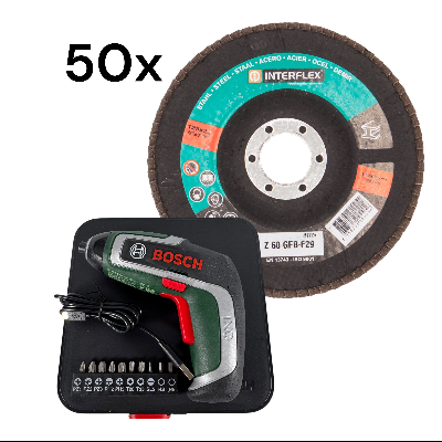 Set:1 x BOSCH IXO 7 Mini-Akkuschrauber + 50 Stück Fächerschleifscheiben 125 x 22 K 60