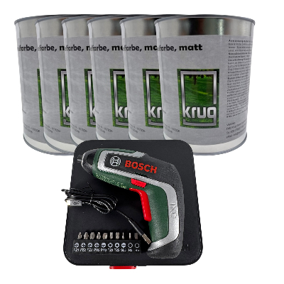 Set 6 x Krug Antischimmelfarbe Matt 0,75 Liter + 1 x BOSCH IXO 7 Mini-Akkuschrauber