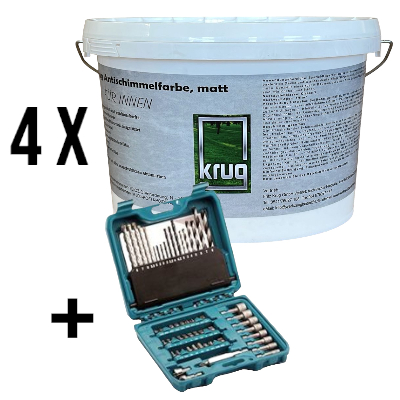 Set 4 x 2,5 Ltr. Krug Antischimmelfarbe, matt + 1 x Makita Zubehörset P-90358