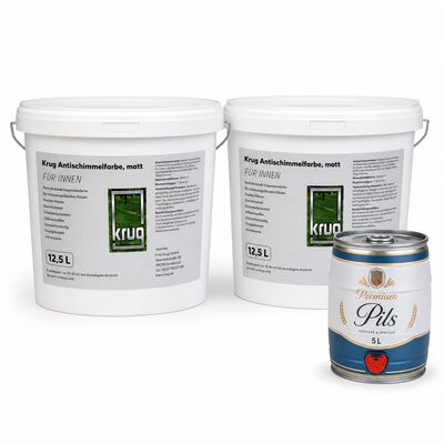 2 x 12,5 Ltr. Krug Antischimmelfarbe, matt + Partyfass 5L Bier; Bitburger Pils