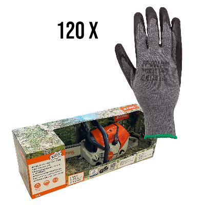 Set 120 Arbeitshandschuhe - Strickhandschuh, Latex schwarz K036 Größe 10 + Stihl Spielzeug-Kettensäg