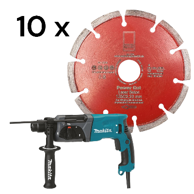 1 x Kombihammer - Makita HR2470 + 10 x Diamantscheibe Power Cut 125 mm für Beton Granit Klinker Stei