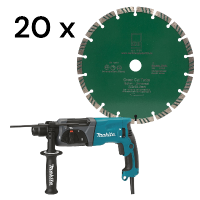 1 x Kombihammer - Makita HR2470 + 20x Diamantscheibe Green Cut Turbo 230 mm für Beton Granit Klinker