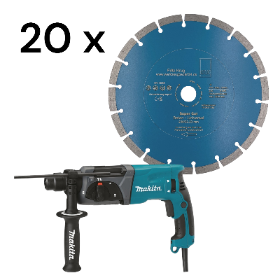 1 x Kombihammer - Makita HR2470 + 20x Diamantscheibe Super Cut 230 mm für Beton Granit Klinker Stein