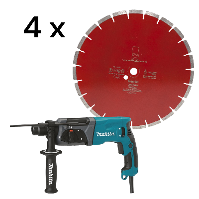 1 x Kombihammer - Makita HR2470 + 4 x Diamantscheibe Power Cut Beton Laser 350/20 für Beton Granit K