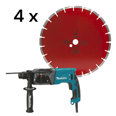 1 x Kombihammer - Makita HR2470 + 4 x Diamantscheibe Power Cut Beton Laser 350/25 für Beton Granit K