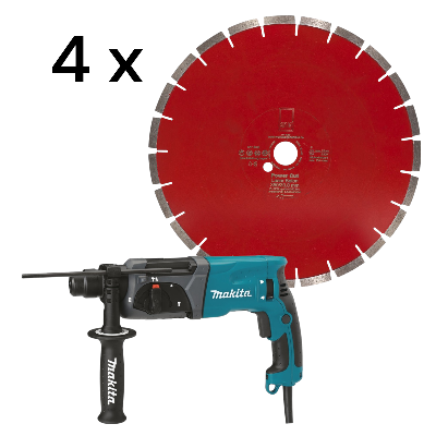 1 x Kombihammer - Makita HR2470 + 4 x Diamantscheibe Power Cut Beton Laser 350/30 für Beton Granit K