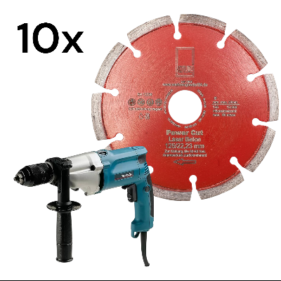 1 x Schlagbohrmaschine  Makita HP2051H +10 x Diamantscheibe Power Cut 125 mm für Beton Granit Klinke