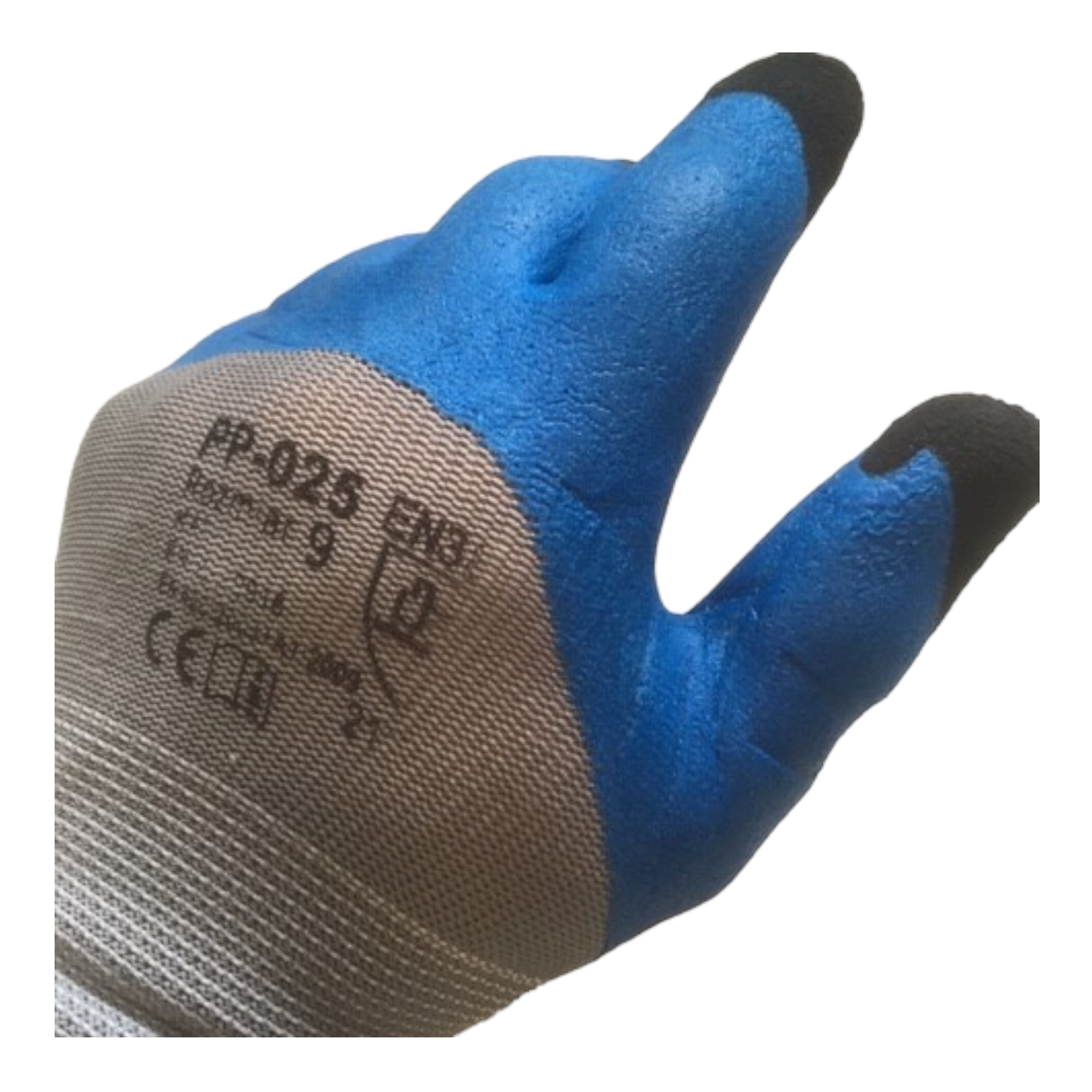 K033 Flex, Latexschaum mit Textilbundchen, blau mit grauen Handrücken Gr. 9