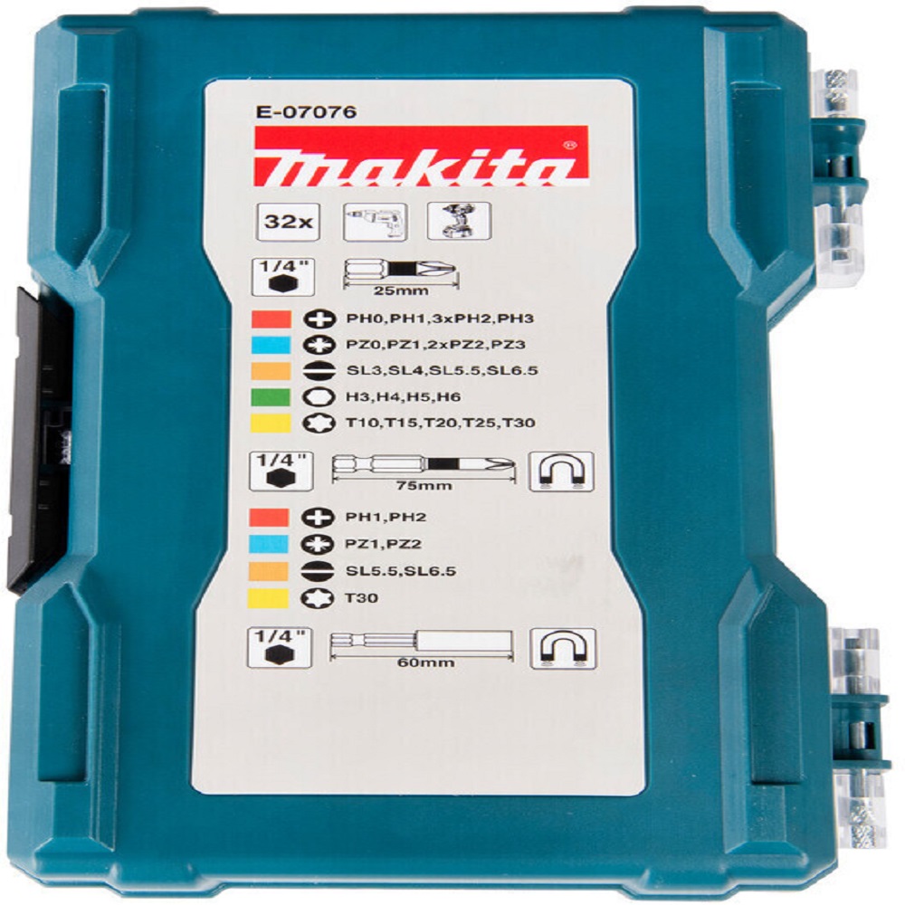 Makita  Bit-Set E-07076 32-teilig Bit-Set in gut sortierter Box mit transparentem Deckel